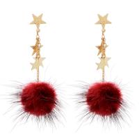 Zinc Alloy Drop Earring, with Rabbit Fur, Star, gold color plated, for woman & frosted 80mm, 30mm 