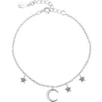 Brass Bracelets, with 3cm extender chain, Moon and Star, real silver plated, oval chain & micro pave cubic zirconia & for woman Approx 6.5 Inch 