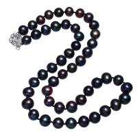 Collier de chaîne en laiton de perles d'eau douce, perle d'eau douce cultivée, avec laiton, pomme de terre, Plaqué de platine, longueur différente pour le choix & pour femme, noire, 8-9mm, Vendu par brin