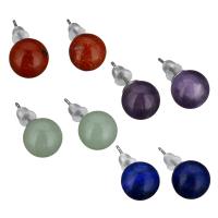 Brass Stud Earring, with rubber earnut & Gemstone, Round, silver color plated 