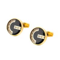 Brass Cufflinks, Flat Round, gold color plated, for man & enamel & with rhinestone 