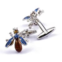 Brass Cufflinks, Bee, silver color plated, Unisex & enamel & with rhinestone 