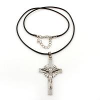 PU Leather Necklace, with Zinc Alloy, with 5cm extender chain, Crucifix Cross, antique silver color plated Approx 17.4 Inch 