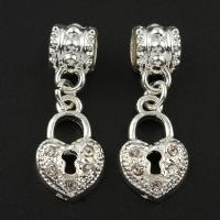 Zinklegierung Türschloss Anhänger, silberfarben plattiert, mit Strass, 10x26x6mm, Bohrung:ca. 4mm, 10PCs/Tasche, verkauft von Tasche