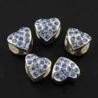 Strass Zink Legierung Europa Perlen, Zinklegierung, flacher Herz, Platinfarbe platiniert, ohne troll & mit Strass, 10x10x9mm, Bohrung:ca. 5mm, 10PCs/Tasche, verkauft von Tasche