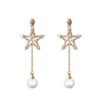 Brass Split Earring, with Plastic Pearl, Star, real gold plated, hypo allergic & for woman & with rhinestone, 60mm 