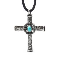 alliage de zinc collier de chandail, avec Cuir & turquoise synthétique, croix, Plaqué de couleur d'argent, pour homme Environ 38.9 pouce, Vendu par brin