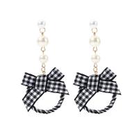 Zinc Alloy Split Earring, with Cloth & Glass Pearl, Bowknot, plated, for woman, 75mm 