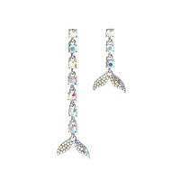 alliage de zinc Boucles d'oreilles asymétriques, argent pur puce boucle d'oreille, Queue de sirène, Placage de couleur argentée, pour femme & avec strass, 62mm, 32mm, Vendu par paire