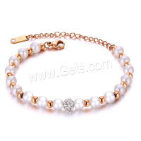 Partículas de acero Pulsera, con Perlas plásticas, con 2inch extender cadena, chapado, ajustable & micro arcilla de zirconia cúbica & para mujer, más colores para la opción, 6mm, longitud:aproximado 6.5 Inch, Vendido por Sarta