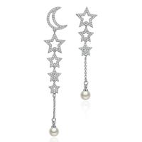 metal Pendientes asimétricos, con Perlas de plástico ABS, plata esterlina aguja de pendiente, Luna y estrella, chapado, micro arcilla de zirconia cúbica & para mujer, más colores para la opción, libre de níquel, plomo & cadmio, 6x57mm-6x78mm, Vendido por Par