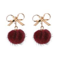 Zinc Alloy Drop Earring, sterling silver post pin, Bowknot, gold color plated, with fluffy ball & Korean style & for woman lead & cadmium free 