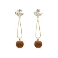 925 Sterling Silver Drop Earring, with Plush, Swan, gold color plated, for woman & with rhinestone 75mm 