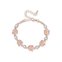 alliage de zinc bracelet, avec Oeil de chat, avec 6cm chaînes de rallonge, fleur, Plaqué de couleur d'or rose, chaîne ovale & pour femme & avec strass, 18mm,6mm, Diamètre inté Environ 50mm Environ 5.9 pouce, Vendu par brin