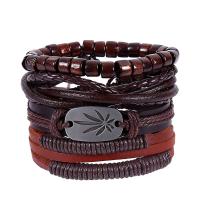 PU Leather Bracelet Set, with Linen & Wood & Zinc Alloy, gun black plated, multilayer & Unisex & adjustable Approx 7 Inch 