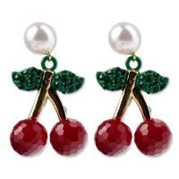 Boucle d'oreille en alliage de zinc en plastique perle, avec cristal & perle de plastique, cerise, Placage de couleur d'or, pour femme & émail & facettes & avec strass, rouge Vendu par paire