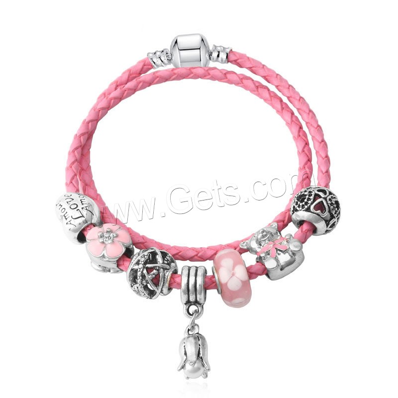 European Match Cristal Bracelets, alliage de zinc, avec Cordon PU & chalumeau, Plaqué de couleur d'argent, Double couche & longueur différente pour le choix & pour femme & émail, plus de couleurs à choisir, Vendu par brin