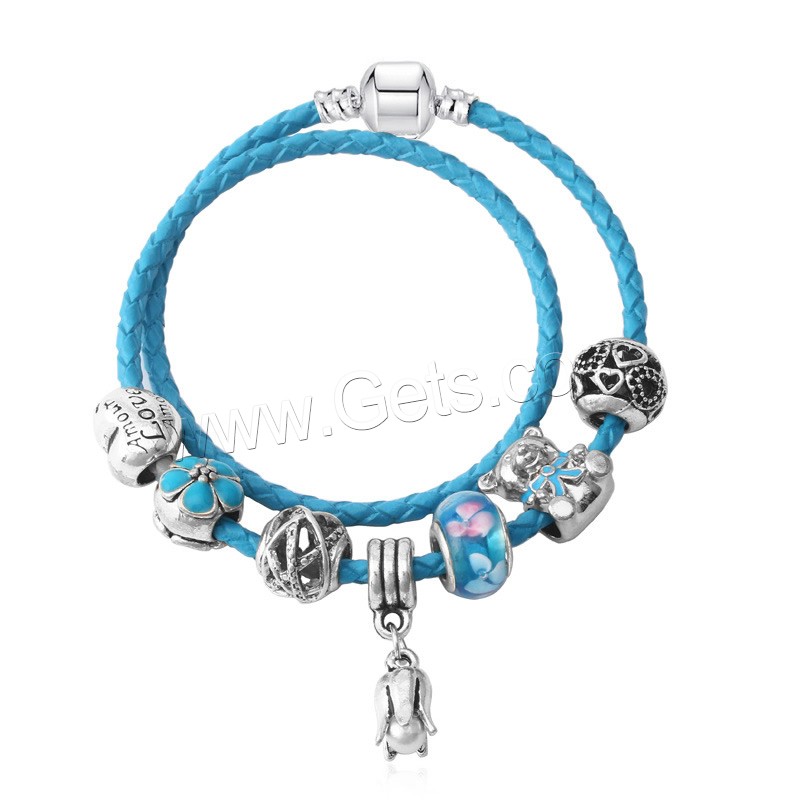 European Match Cristal Bracelets, alliage de zinc, avec Cordon PU & chalumeau, Plaqué de couleur d'argent, Double couche & longueur différente pour le choix & pour femme & émail, plus de couleurs à choisir, Vendu par brin