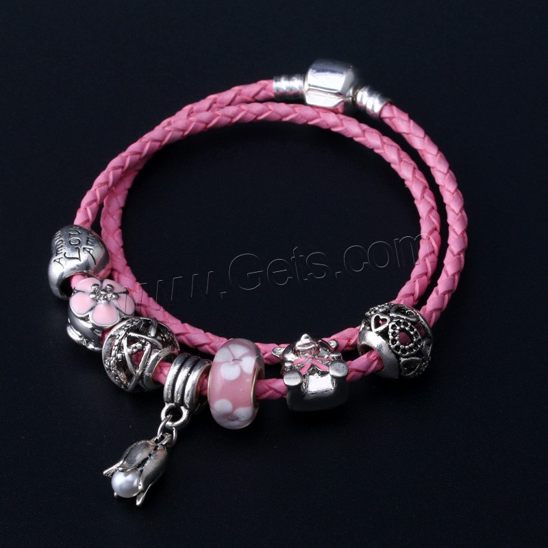 European Match Cristal Bracelets, alliage de zinc, avec Cordon PU & chalumeau, Plaqué de couleur d'argent, Double couche & longueur différente pour le choix & pour femme & émail, plus de couleurs à choisir, Vendu par brin