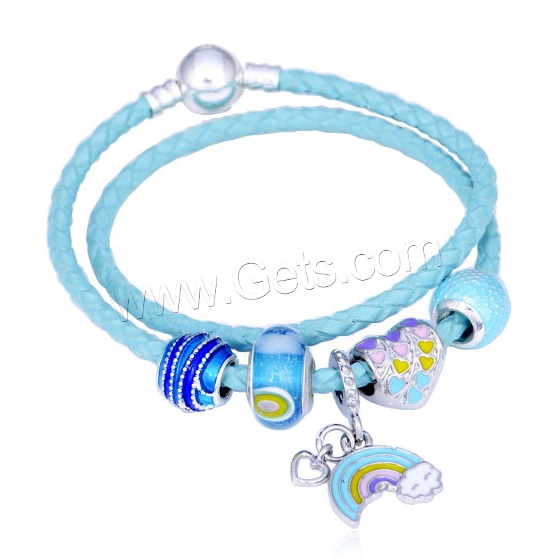 European Match Cristal Bracelets, alliage de zinc, avec Cordon PU & chalumeau, Placage de couleur argentée, longueur différente pour le choix & pour femme & émail, Vendu par brin