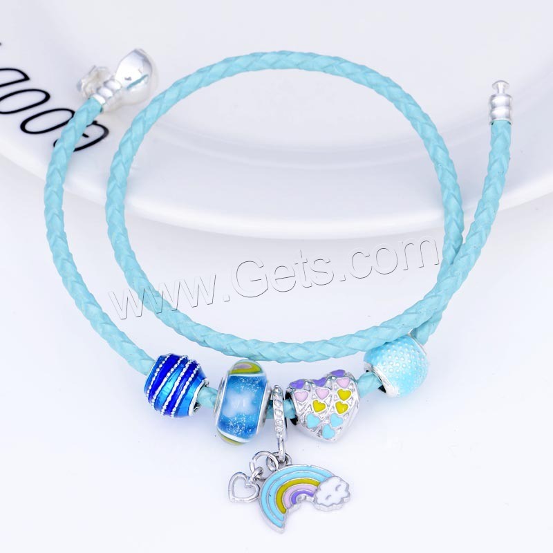 European Match Cristal Bracelets, alliage de zinc, avec Cordon PU & chalumeau, Placage de couleur argentée, longueur différente pour le choix & pour femme & émail, Vendu par brin