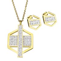 Bijoux strass en acier inoxydable Set, boucle d'oreille & collier, avec argile, hexagone, Placage de couleur d'or, chaîne ovale & pour femme 2mm Environ 17.5 pouce, Vendu par fixé