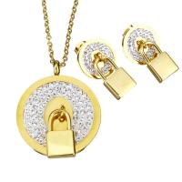 Bijoux strass en acier inoxydable Set, boucle d'oreille & collier, avec argile, cadnas, Placage de couleur d'or, chaîne ovale & pour femme  2mm  Environ 18 pouce, Vendu par fixé