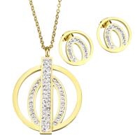 Rhinestone stainless steel Jewelry Set, earring & necklace, with Rhinestone Clay Pave, Donut, gold color plated, oval chain & for woman 2mm Approx 17.5 Inch 