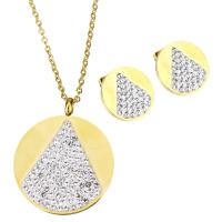 Rhinestone stainless steel Jewelry Set, earring & necklace, with Rhinestone Clay Pave, Flat Round, gold color plated, oval chain & for woman 2mm Approx 17.5 Inch 