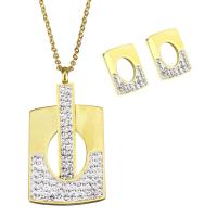 Rhinestone stainless steel Jewelry Set, earring & necklace, with Rhinestone Clay Pave, Rectangle, gold color plated, oval chain & for woman 2mm Approx 17.5 Inch 