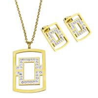 Bijoux strass en acier inoxydable Set, boucle d'oreille & collier, avec argile, rectangle, Placage de couleur d'or, chaîne ovale & pour femme 2mm Environ 17.5 pouce, Vendu par fixé