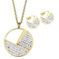 Bijoux strass en acier inoxydable Set, boucle d'oreille & collier, avec argile, Plat rond, Placage de couleur d'or, chaîne ovale & pour femme 2mm Environ 17.5 pouce, Vendu par fixé