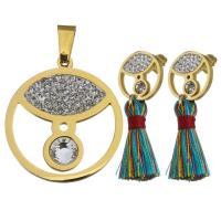 Bijoux strass en acier inoxydable Set, pendentif & boucle d'oreille, avec Fil de coton & argile, Placage de couleur d'or, pour femme  Environ Vendu par fixé