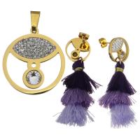 Bijoux strass en acier inoxydable Set, pendentif & boucle d'oreille, avec Fil de coton & argile, Placage de couleur d'or, pour femme  Environ Vendu par fixé