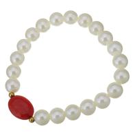 Bracelets de perles en plastique, perle de plastique, avec Jaspe rouge & acier inoxydable, Placage de couleur d'or, pour femme 10mm Environ 8 pouce, Vendu par brin