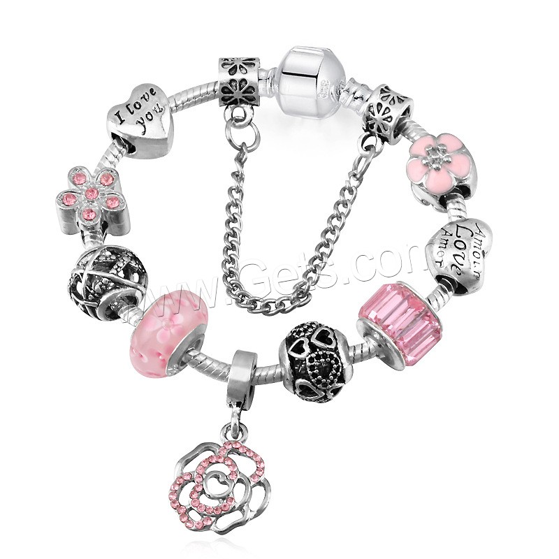 European Match Cristal Bracelets, alliage de zinc, avec chalumeau, Cerise oriental, Plaqué de couleur d'argent, longueur différente pour le choix & pour femme & émail & avec strass, plus de couleurs à choisir, Vendu par brin