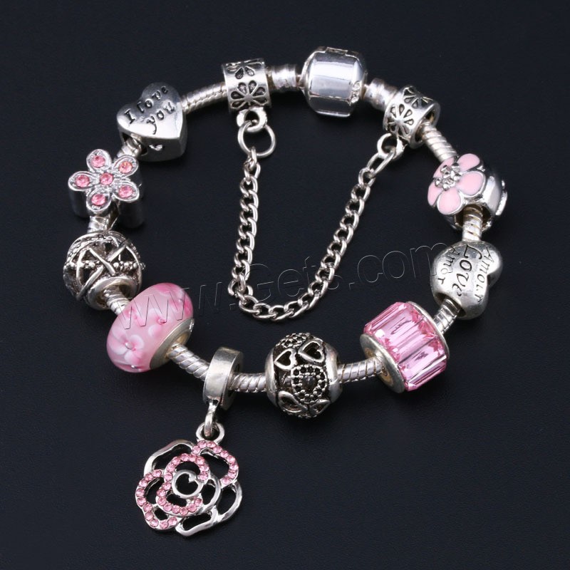 European Match Cristal Bracelets, alliage de zinc, avec chalumeau, Cerise oriental, Plaqué de couleur d'argent, longueur différente pour le choix & pour femme & émail & avec strass, plus de couleurs à choisir, Vendu par brin