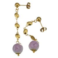 Stainless Steel Drop Earring, with Lampwork, gold color plated, for woman, light purple, 56mm 