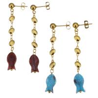 Stainless Steel Drop Earring, with Lampwork, Fish, gold color plated, for woman 57mm 