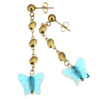 Stainless Steel Drop Earring, with Lampwork, Butterfly, gold color plated, for woman, blue, 56mm 