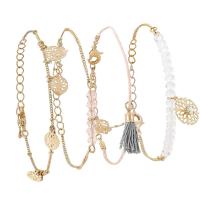 Brass Bracelet Set, with Cotton Thread & Crystal, with 2inch extender chain, gold color plated, 4 pieces & for woman Approx 7 Inch 