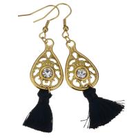 acero inoxidable Pendiente de Borla, con Hilo de algodón, chapado en color dorado, para mujer & con diamantes de imitación, Negro, 68mm, 17x28mm, Vendido por Par