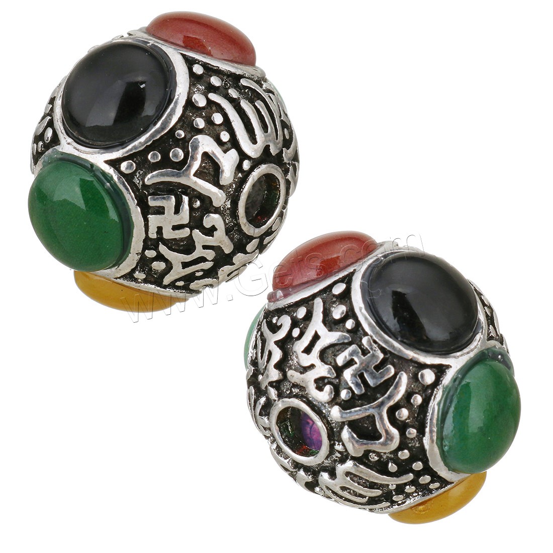 Perles de gros trou en alliage de zinc, avec Dyed Jade, tambour, Plaqué de couleur d'argent, normes différentes pour le choix, Vendu par PC