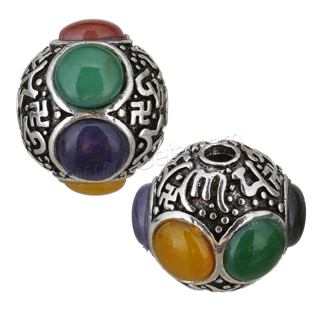 Perles de gros trou en alliage de zinc, avec Dyed Jade, tambour, Plaqué de couleur d'argent, normes différentes pour le choix, Vendu par PC