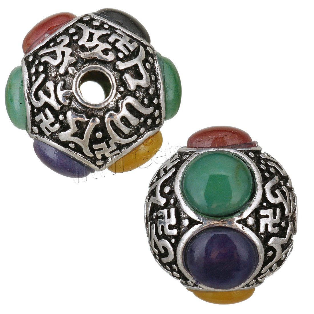 Perles de gros trou en alliage de zinc, avec Dyed Jade, tambour, Plaqué de couleur d'argent, normes différentes pour le choix, Vendu par PC