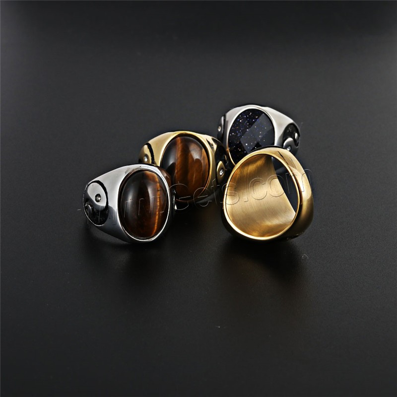 Titanium Steel Finger Ring, with Tiger Eye & Glass, plated, different size for choice & for man & blacken, more colors for choice, 19mm, 16x12mm, Sold By PC