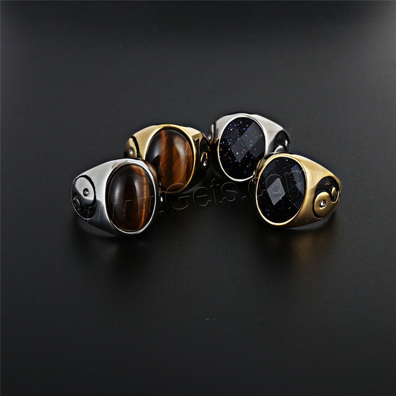 Titanium Steel Finger Ring, with Tiger Eye & Glass, plated, different size for choice & for man & blacken, more colors for choice, 19mm, 16x12mm, Sold By PC