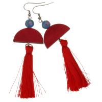 acero inoxidable Pendiente de Borla, con Hilo de algodón & Cristal de murano & madera, chapado, para mujer, Rojo, 93mm, 28x27mm, Vendido por Par