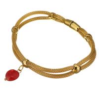 Edelstahl Charm Armband, mit gefärbte Jade, goldfarben plattiert, Armband  Bettelarmband & Maschen-Kette & für Frau, rot, 11x14mm, 3mm, Länge:ca. 8 ZollInch, verkauft von Strang