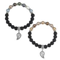 Lava Bead Bracelet, with Glass Pearl & Zinc Alloy, Leaf, antique silver color plated, charm bracelet & Unisex Approx 7 Inch 